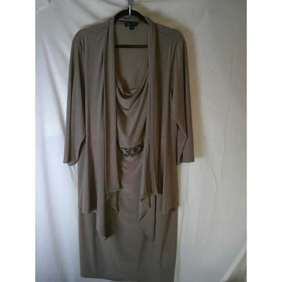 S.L. Fashions Dresses & Skirts - S.L. Fashions Taupe Cowl Neck Dress & Jacket Set Rhinestone Waist Plus Size 16W